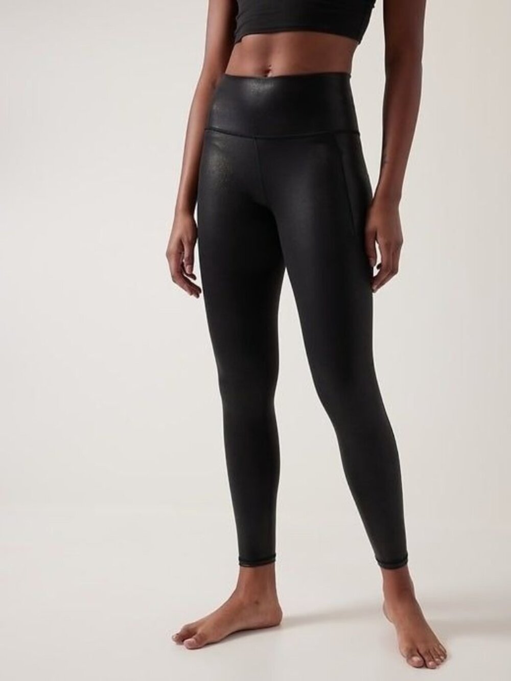 Athleta Salutation Stash Shine Leggings M Black Shimmer Powervita Pockets EUC